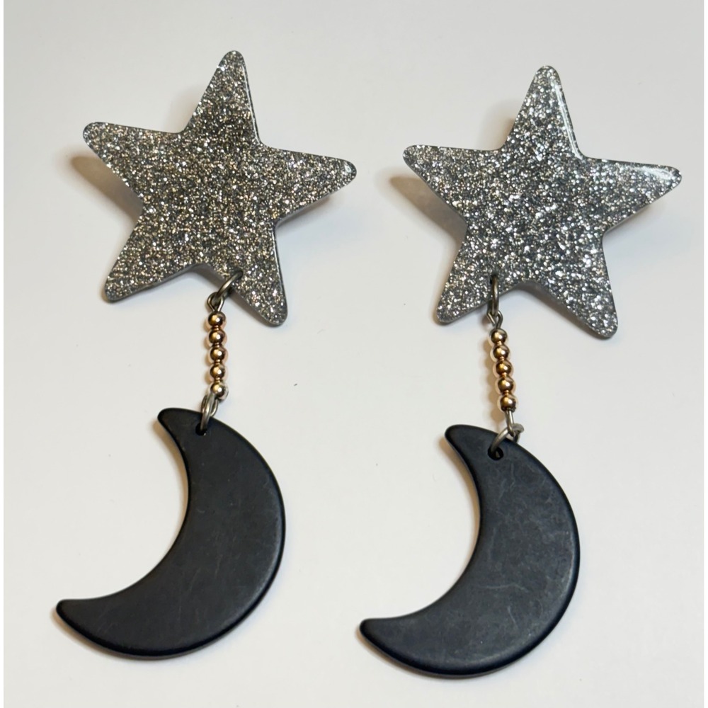 Vintage Celestial Statement Earrings Glitter Star Moon Dangle Arcylic